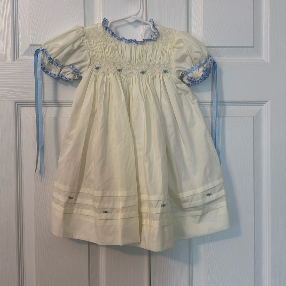 Busy bee smocked yellow and blue dress